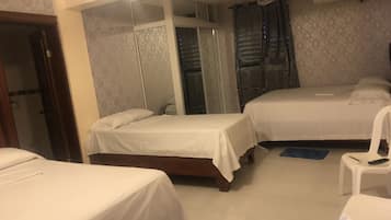 Desk, laptop workspace, blackout curtains, free WiFi
