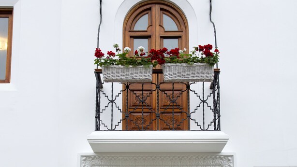A white building with a wooden door, a balcony with flowers, and two potted plants. - Lima White House - Hostel (Lima)