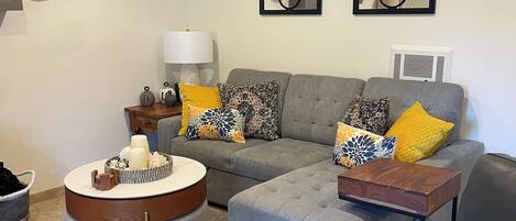 Smart TV, fireplace, books, stereo
