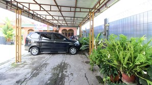 Área de estacionamento coberta com um carro e plantas em vasos.