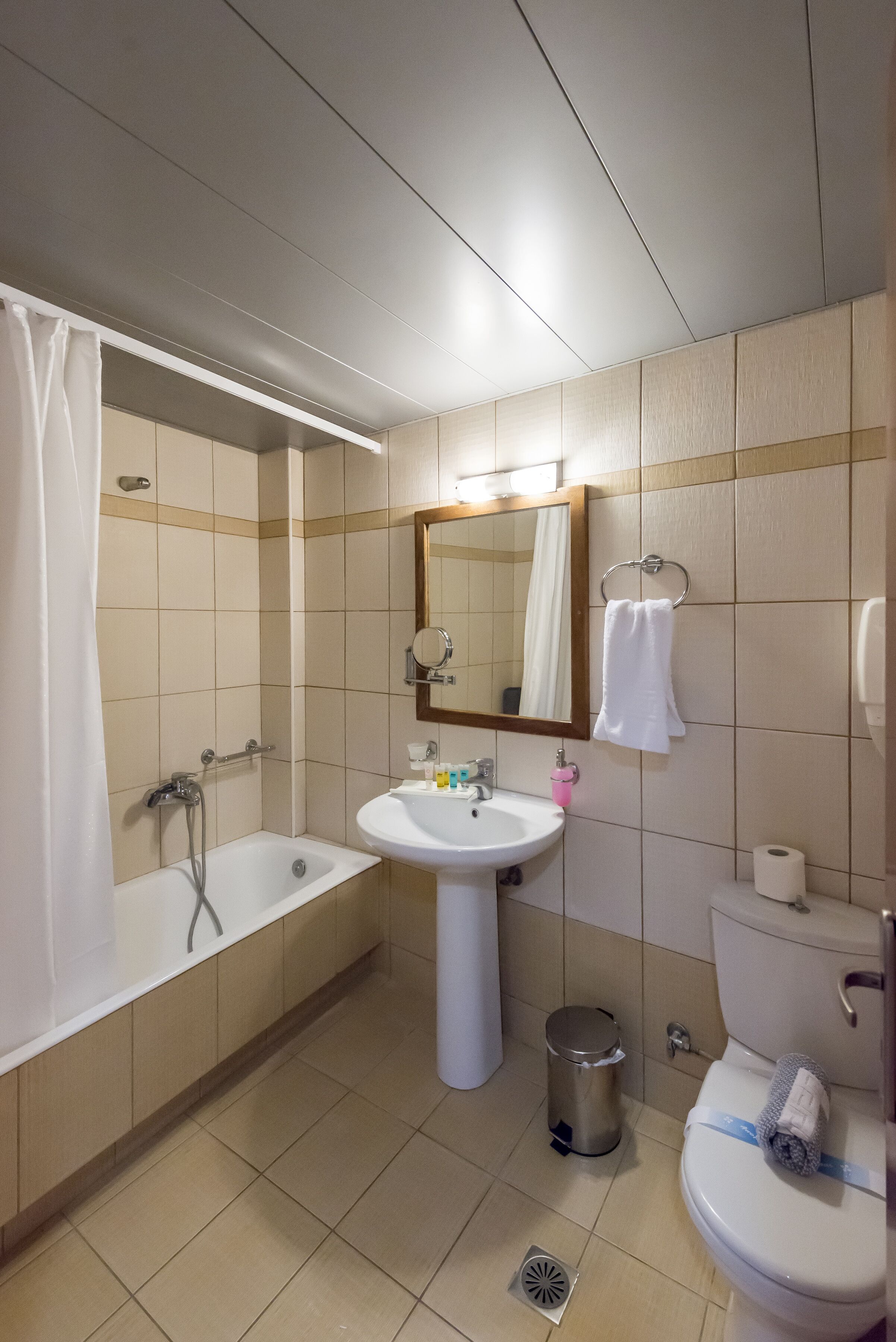 Un baño con bañera, lavabo, inodoro y espejo.