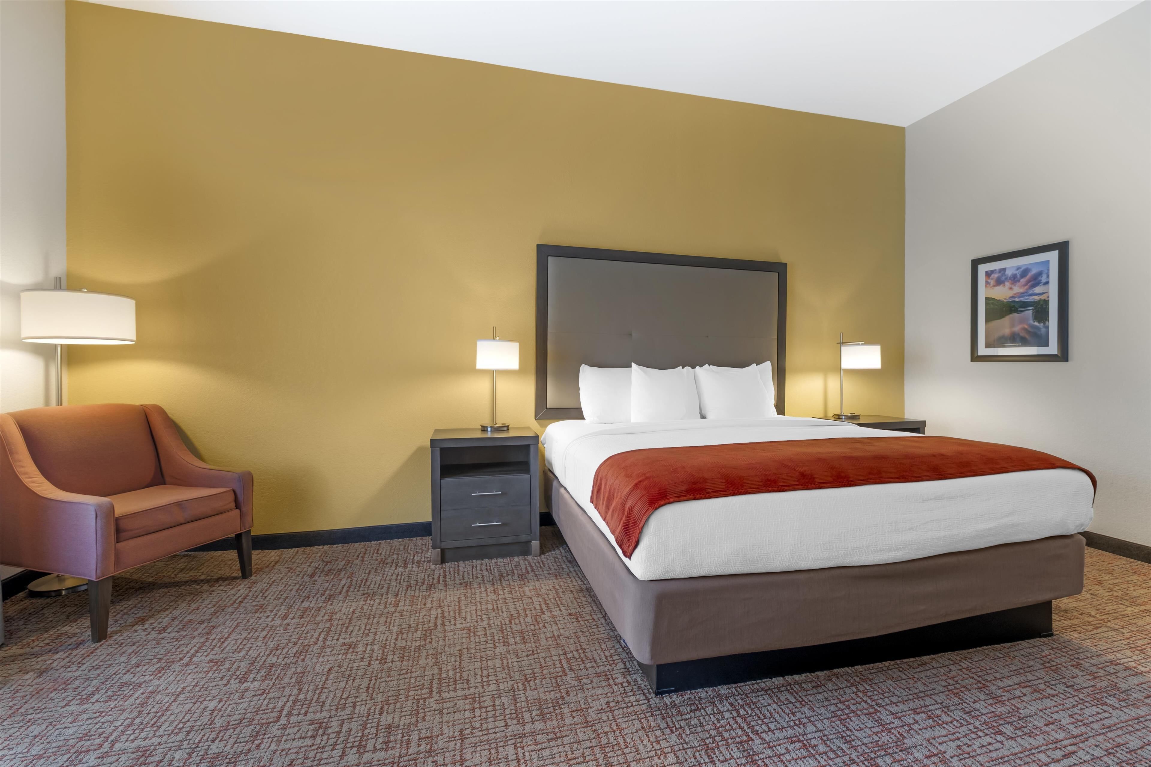 Une chambre d’hôtel comprenant un lit, deux tables de chevet avec des lampes, une chaise et un sol recouvert d’une moquette.