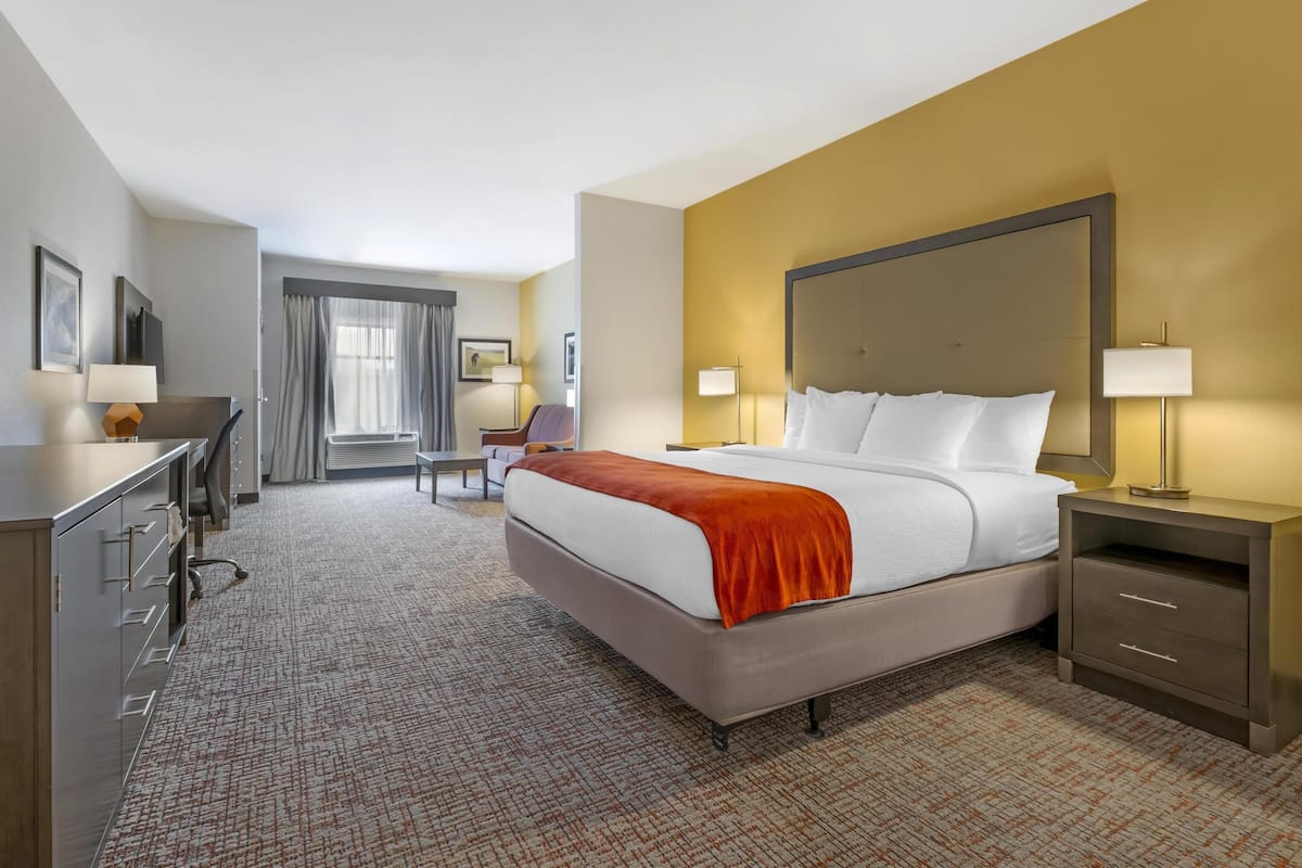 A hotel room with a large bed, a desk, and a chair. There is a window with curtains, a lamp, and a wall-mounted TV.