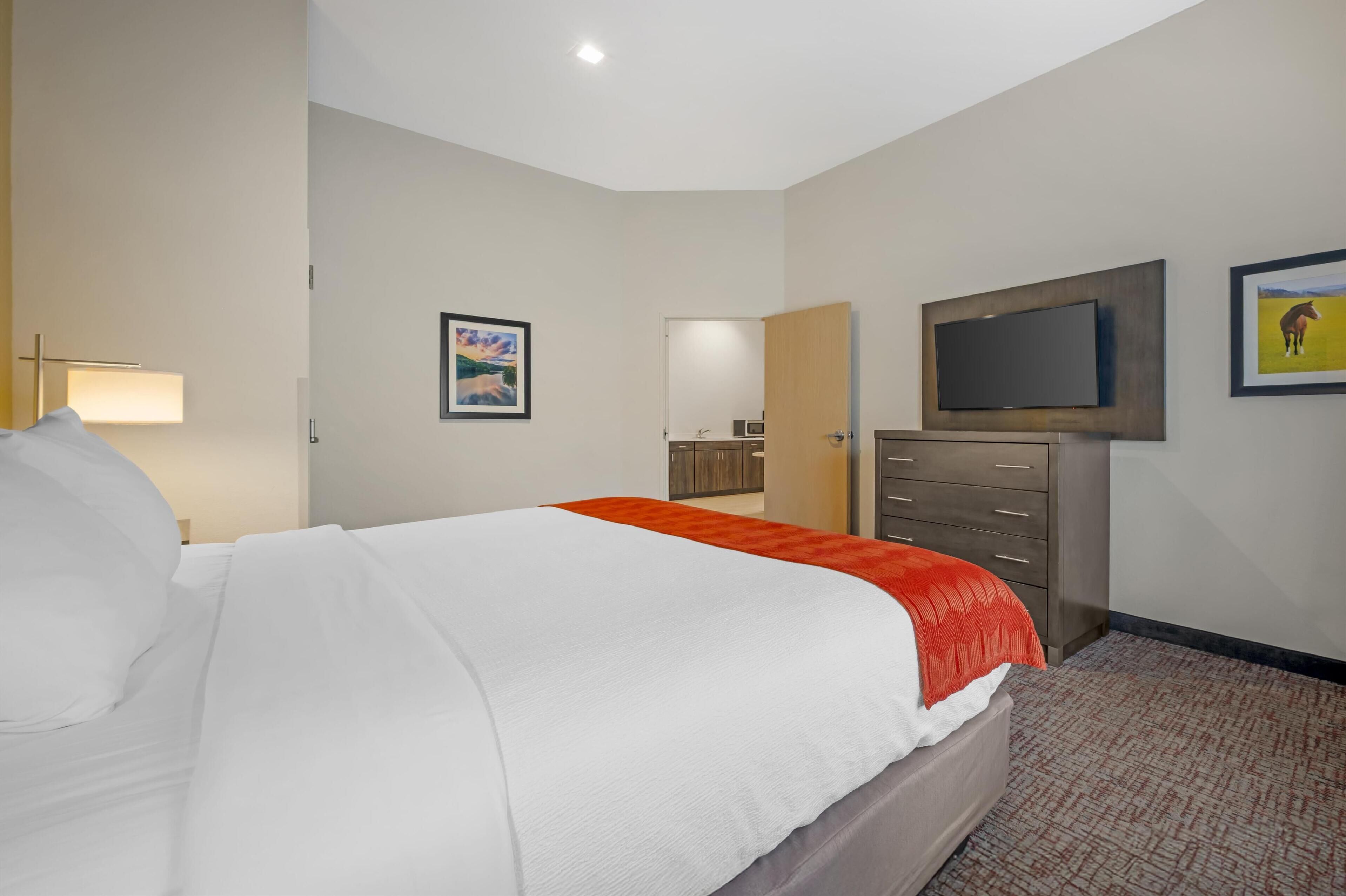 A hotel room with a bed, a television mounted on the wall, a dresser, and a framed picture on the wall.