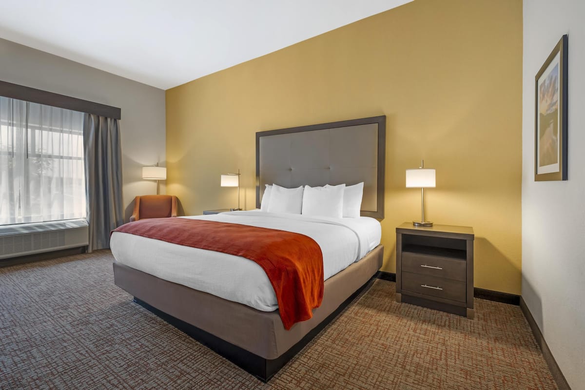 A hotel room with a large bed, two bedside tables with lamps, a window with curtains, and a carpeted floor.