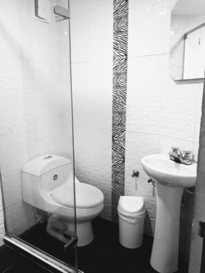 A bathroom with a toilet, a sink, and a trash bin.