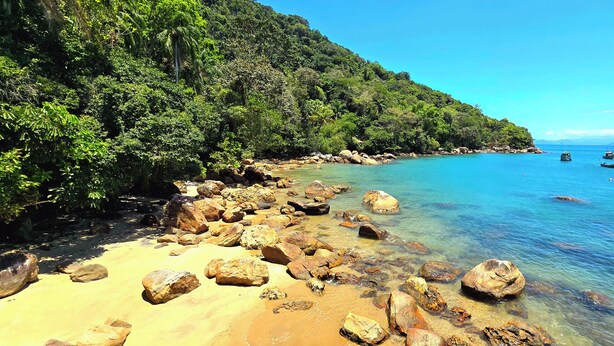 Una playa con aguas cristalinas, rocas y un promontorio cubierto de bosque.