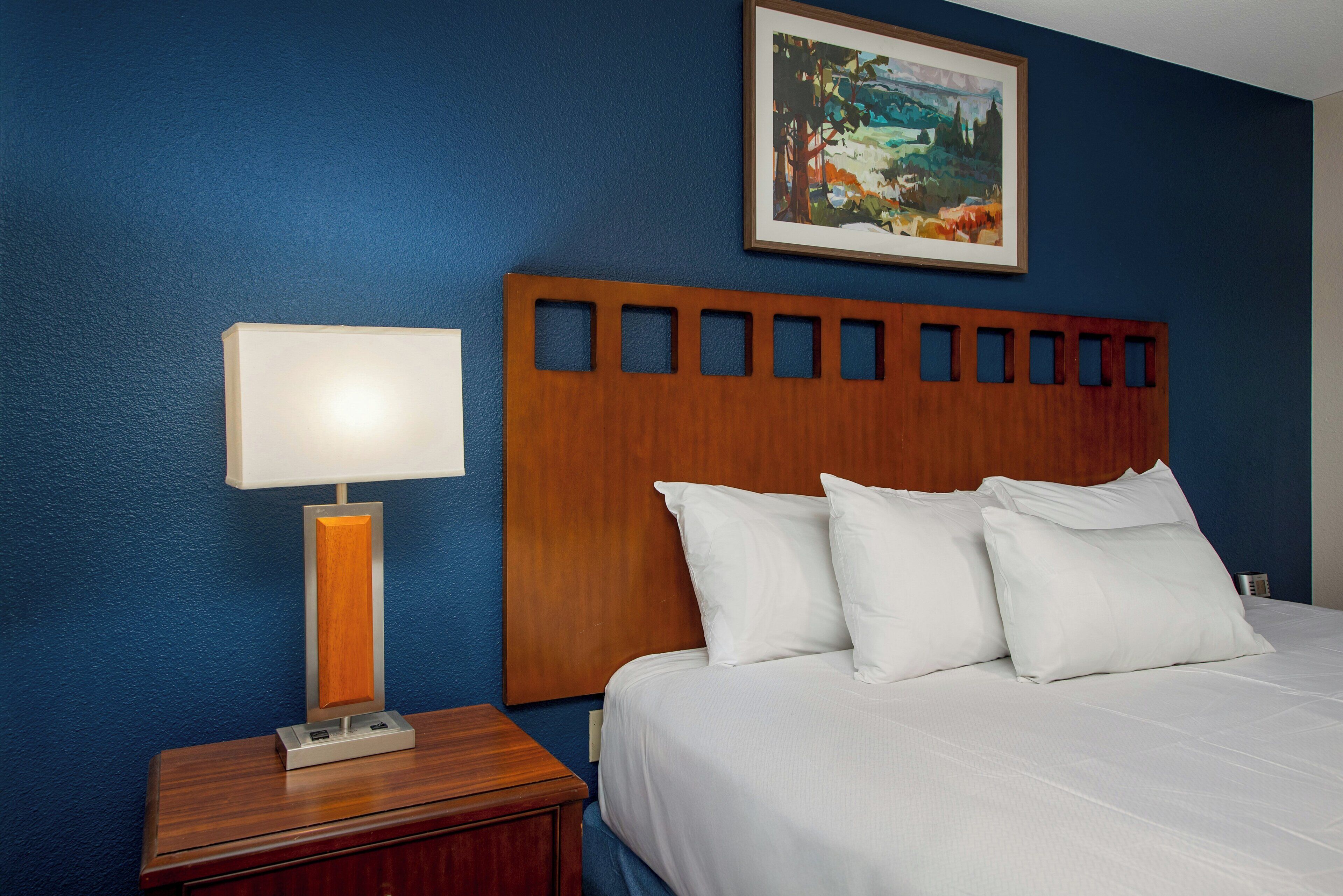 A hotel room with a wooden headboard, white bedding, a bedside lamp, and a framed painting on the wall.