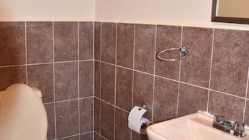 A bathroom with a toilet, sink, and tiled walls.