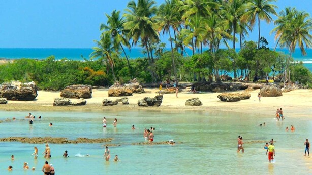 Ein Strand mit klarem Wasser, Palmen und Menschen, die schwimmen und am Sand entlanggehen.