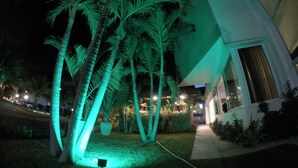 Een gebouw met een verzorgd gazon en verschillende palmbomen, verlicht met groen licht.