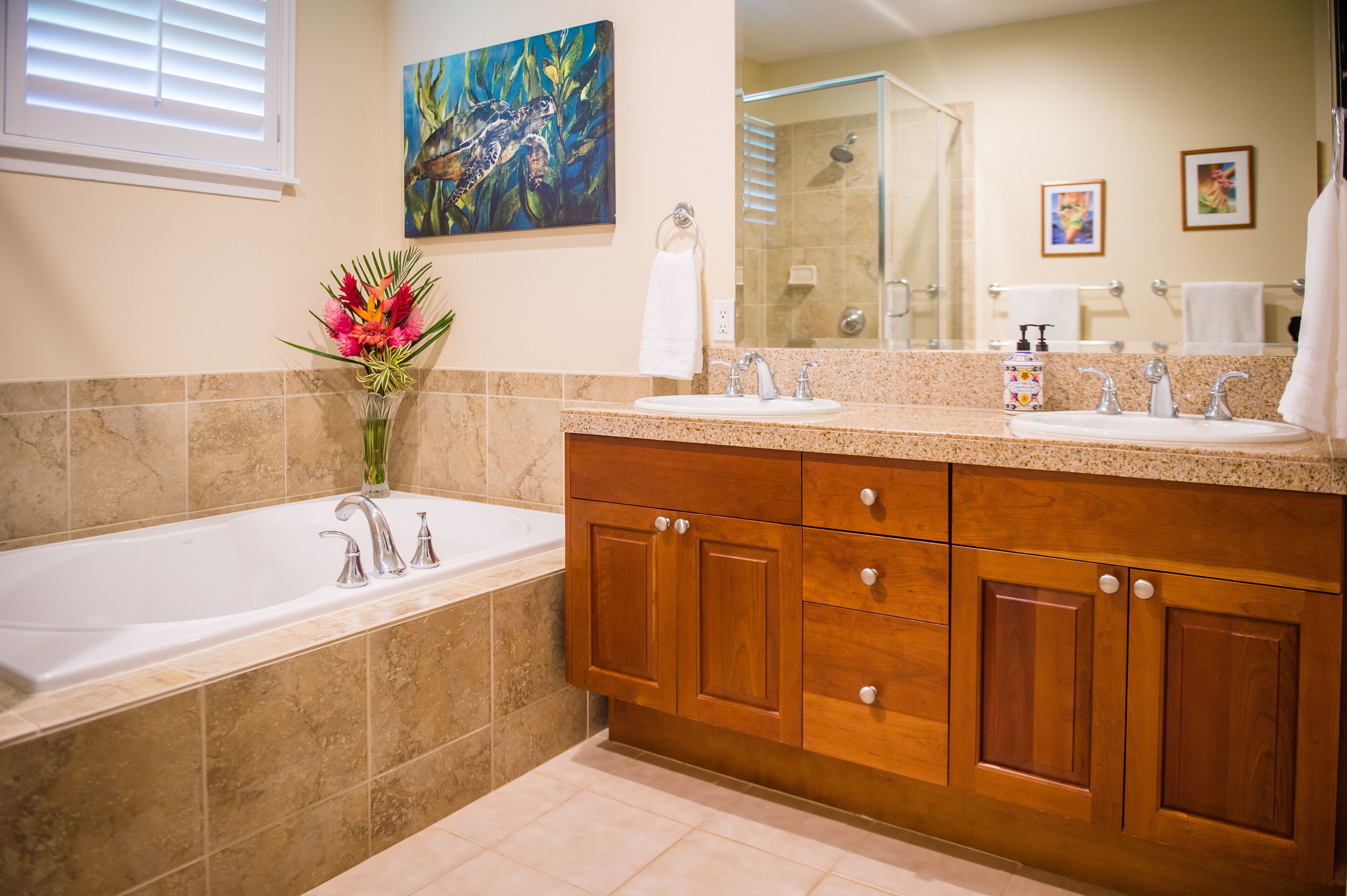 Combined shower/tub, hair dryer, towels