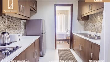 Fridge, microwave, coffee/tea maker, electric kettle