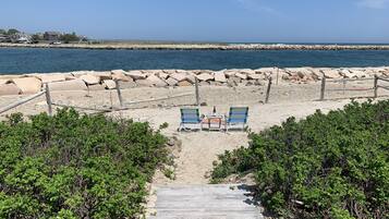 On the beach, sun-loungers