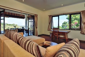 Televisión de pantalla plana, reproductor de DVD, libros, estéreo