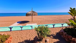 A beach with a thatched umbrella, a wooden walkway, and a palm plant. - CARIHULA TORREMOLINOS APARTMENT (Torremolinos)