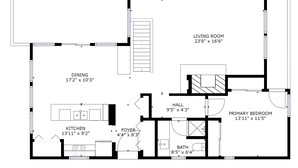 Un plan d’étage d’une maison comprenant un balcon, un salon, un coin repas, une cuisine, un hall d’entrée, un couloir, une chambre principale et une salle de bain.
