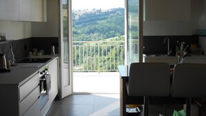 A modern kitchen with a view of a green landscape through an open door. - A modern independent apartment with a large private terrace. (Macerata)