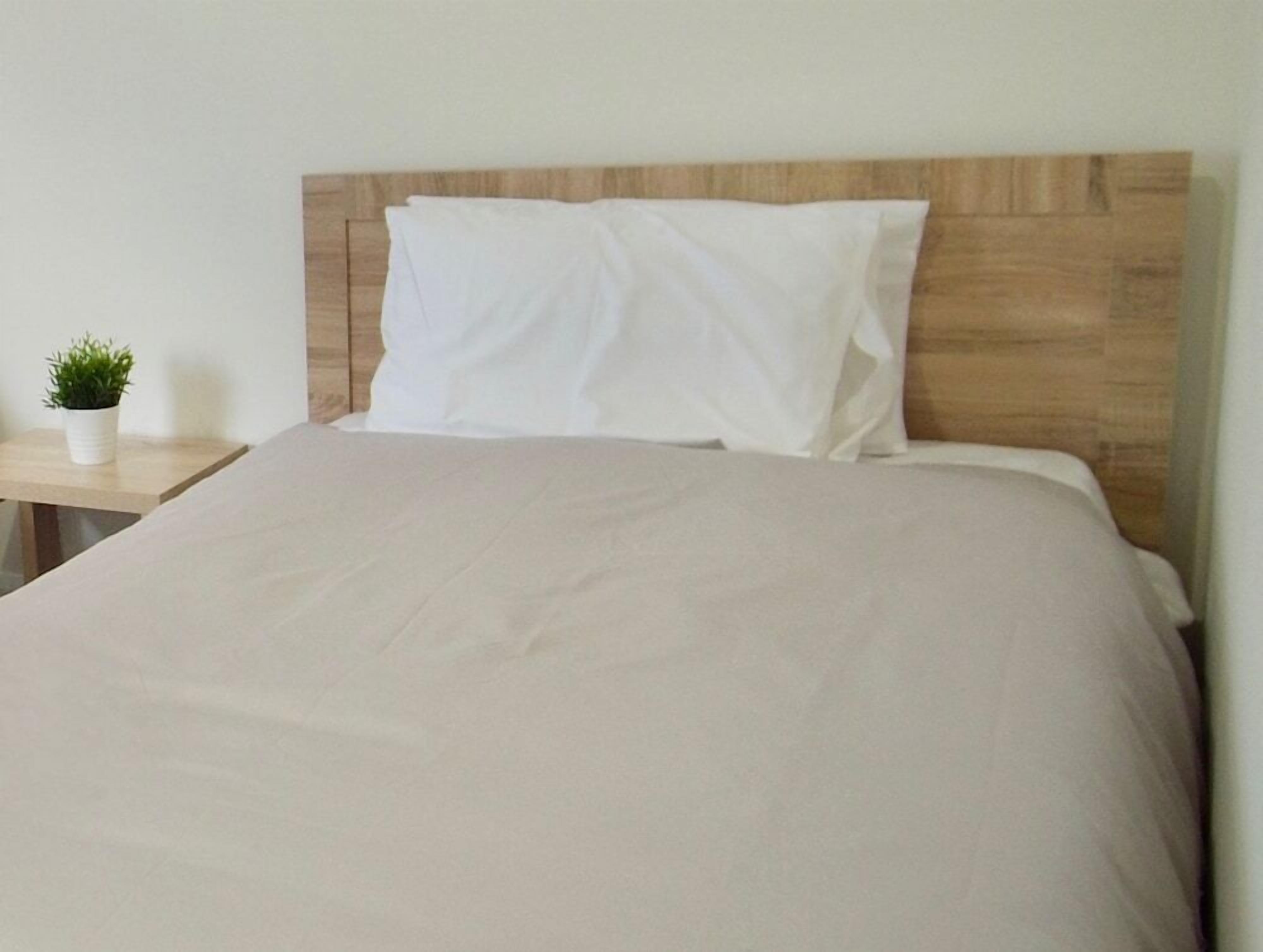 A neatly made bed with a wooden headboard, a small bedside table with a potted plant, and a plain wall.