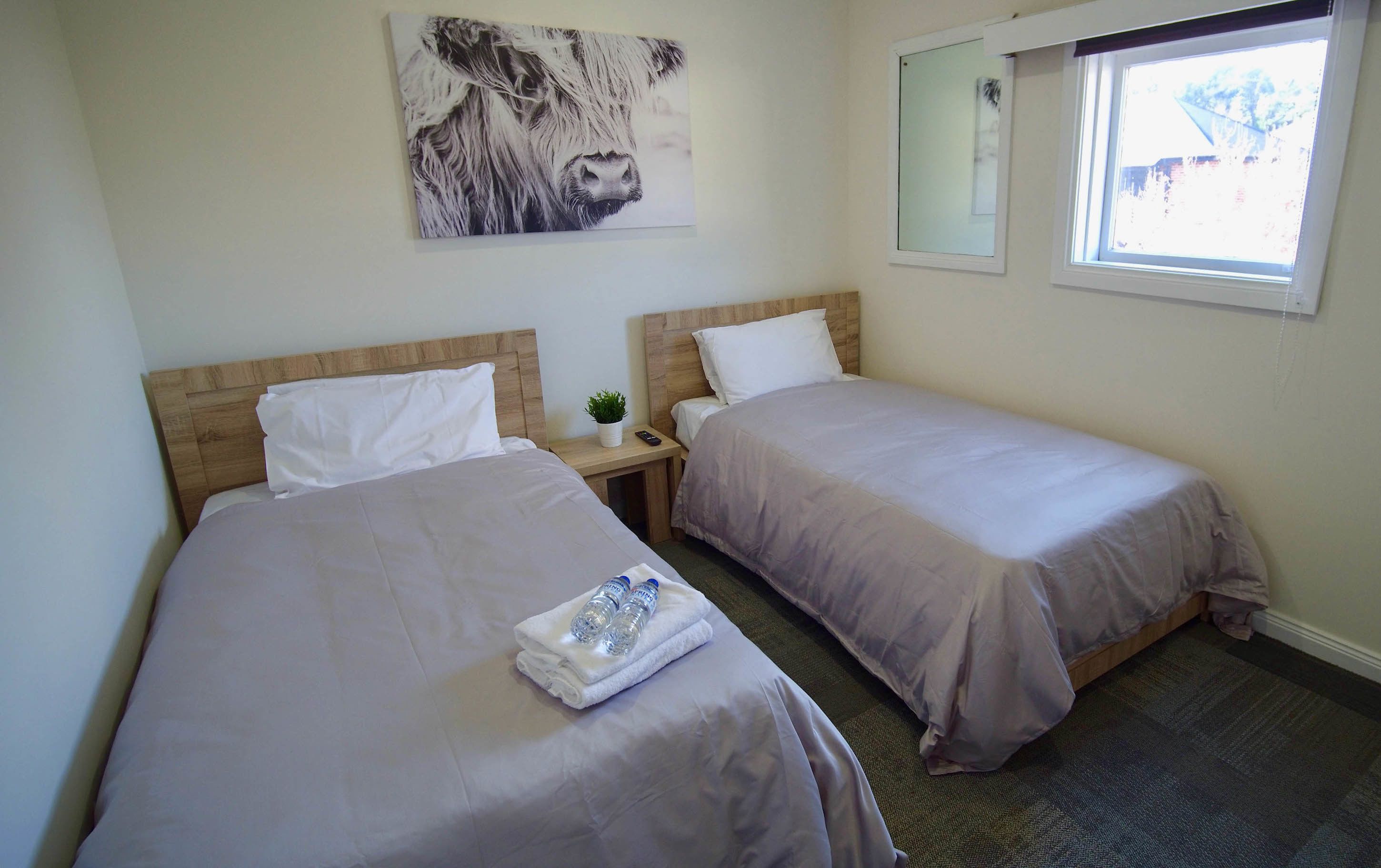 A hotel room with two beds, a wooden headboard, a bedside table with a plant and a remote control, a painting on the wall, and a window with a view.