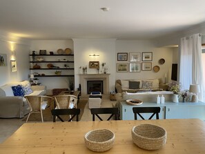 TV connectée, cheminée, livres