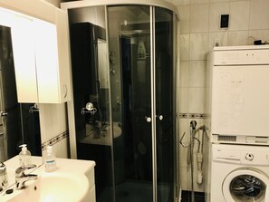 Hair dryer, towels, soap, shampoo