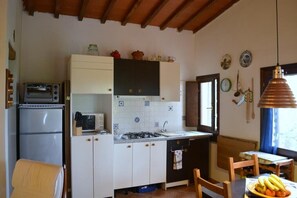 Fridge, microwave, oven, cookware/dishes/utensils