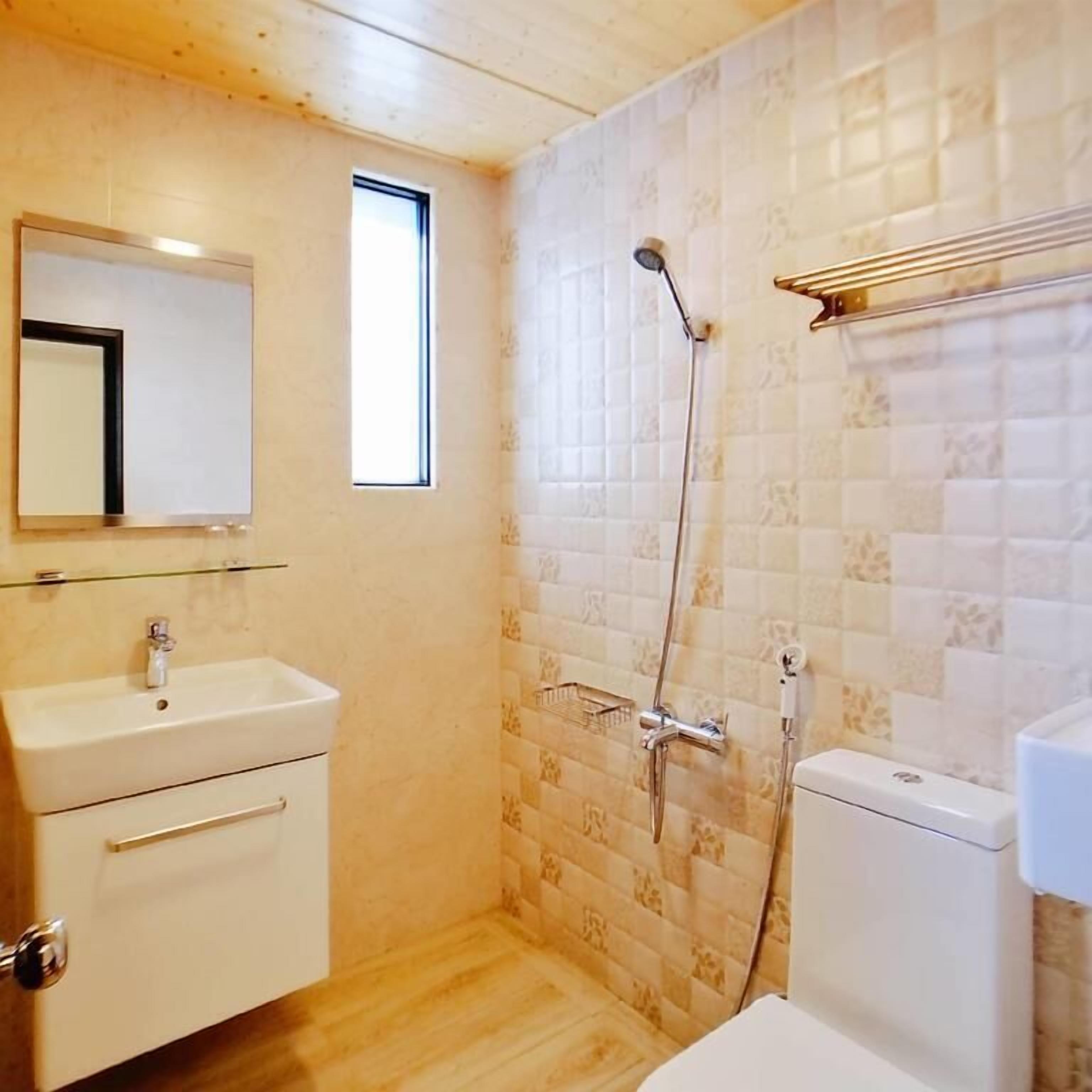 A small bathroom with a sink, mirror, shower, and toilet.