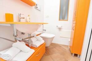 Douche, articles de toilette (gratuits), séchoir à cheveux, pantoufles