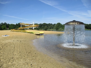 On the beach, sun loungers