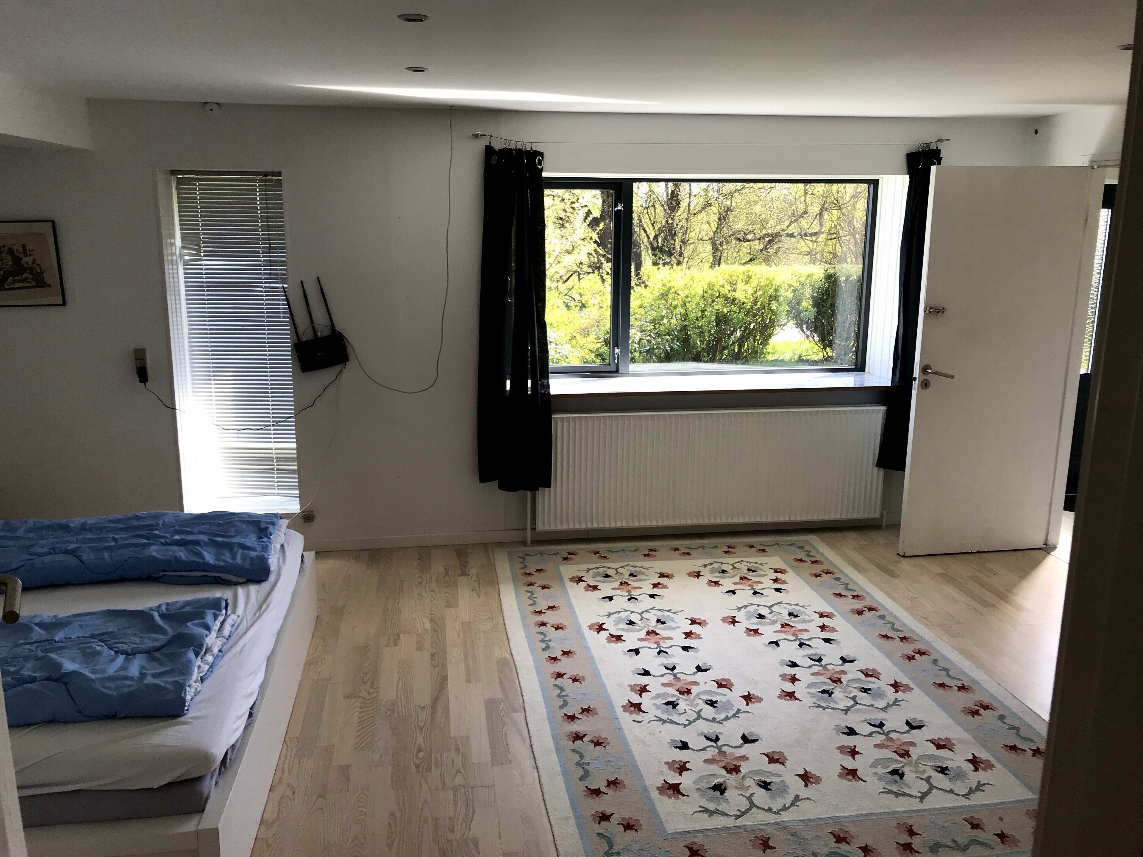 A bedroom with a bed, a window with curtains, a radiator, and a patterned rug.
