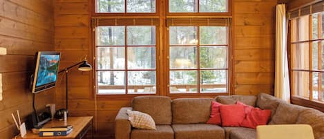 A cozy cabin interior with a wooden interior, a sofa, a small table, a TV on a stand, and large windows with a view of trees.