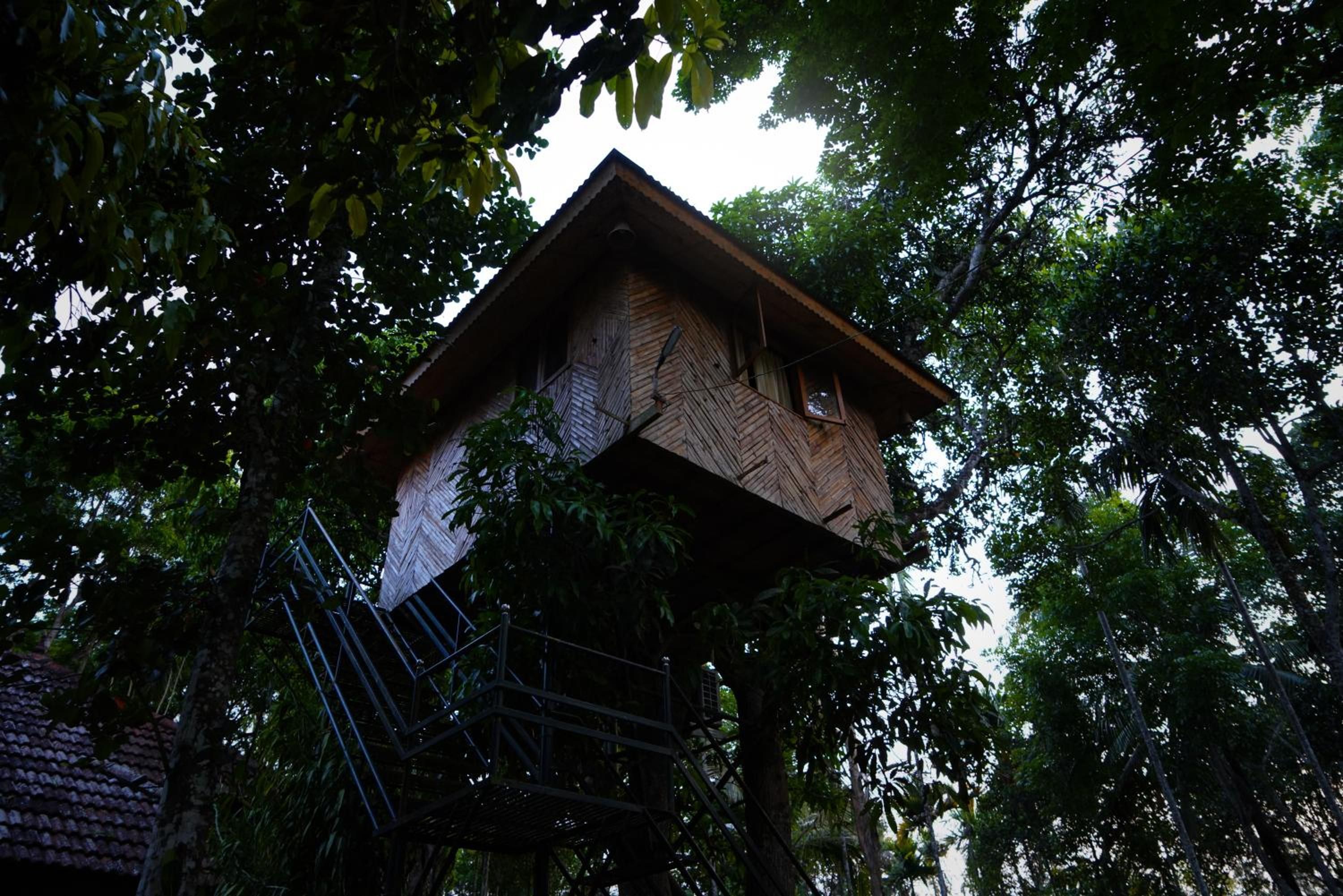 A treehouse with a wooden exterior and metal staircase.