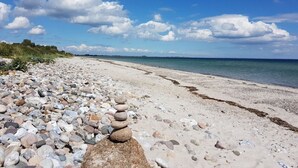 Une plage de galets, avec un ciel dégagé et une mer calme.
