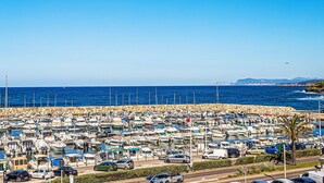 A marina with numerous boats docked, a clear blue sky, and a distant coastline.