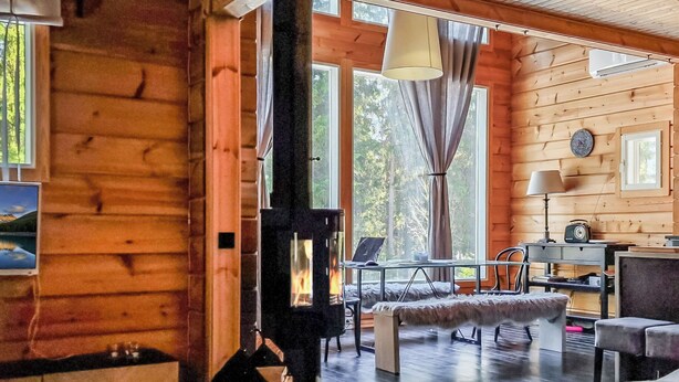 A log cabin interior with a fireplace, a sofa, a dining table, and a view of the outdoors.