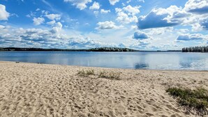 A beach with sand, a lake, and a forest in the distance.