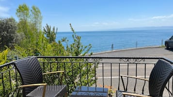 Relax in a seaside setting with a view, surrounded by lush greenery and comfortable seating.