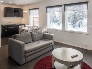 A modern living room with a grey sofa, a round coffee table, and a red rug. There is a kitchen area with dark cabinets and a white countertop. Large windows provide a view of a snowy landscape. - Klz rodoniitti by Interhome (Sotkamo)