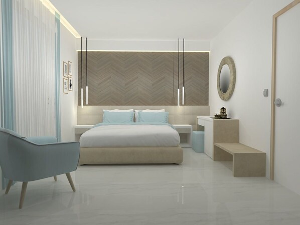 A modern bedroom with a large bed, a bedside table, a chair, and a mirror on the wall.