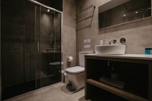 A modern bathroom with a glass-enclosed shower, a toilet, and a vanity with a sink.