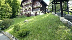 Ein mehrstöckiges Gebäude mit Balkonen, umgeben von üppiger Vegetation und einem gepflasterten Weg.