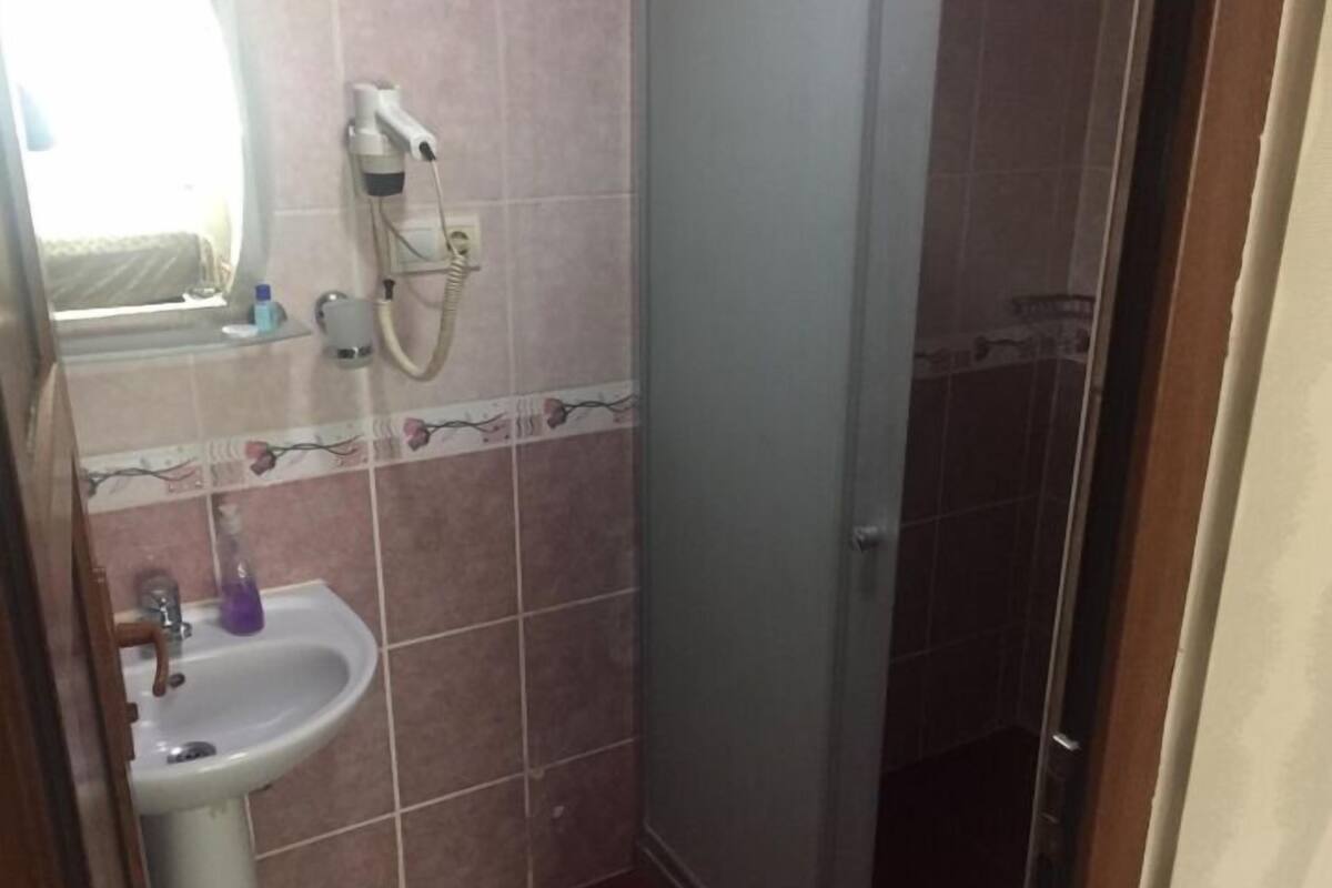 A bathroom with a pedestal sink, a hairdryer, and a shower area.