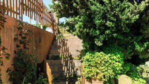 A stone staircase leading up to a wooden fence, surrounded by lush greenery and ivy. - El Cerrillo - Cerro Negro by Interhome (Orgiva)