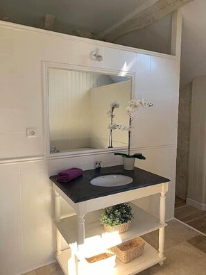 Tina, secadora de cabello, toallas, papel de baño 