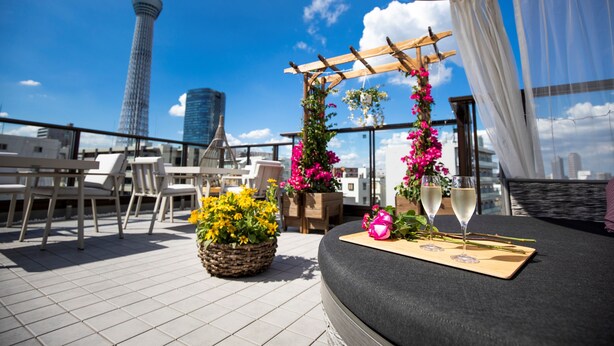 A rooftop terrace with a seating area, a wooden pergola with flowers, and a view of the Eiffel Tower.