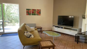 Televisie, een open haard, een dvd-speler en boeken