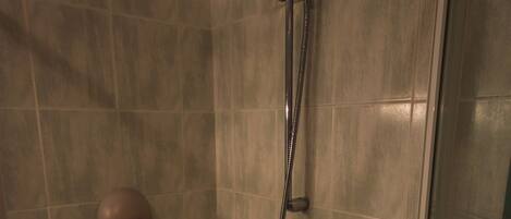 A shower with a handheld showerhead and a wall-mounted faucet.
