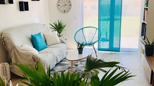 Una sala de estar con un sofá, una mesa de centro y plantas en macetas.