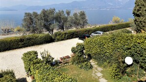 Un paisaje costero con un camino pavimentado, setos cuidados y automóviles estacionados.